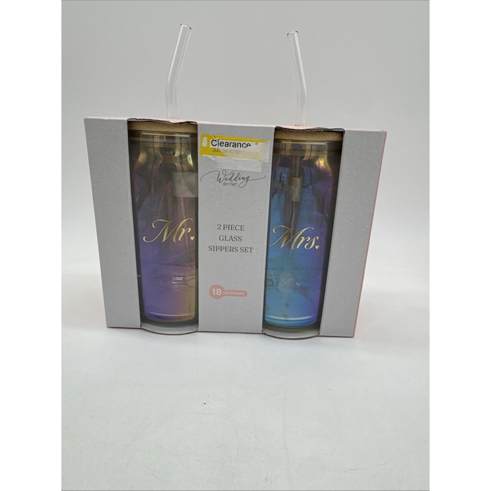 2 Sippers Glass Set For Bride And Groom Glass Straws, Bamboo Lids Iridescent New